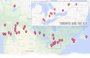 Dispatch zones for Technicians across Canada including Toronto, GTA, Mississauga, Cambridge, Ontario, Alberta, Calgary,