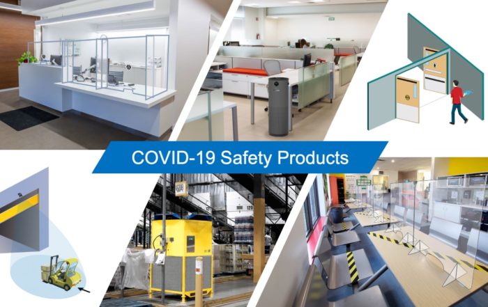 COVID-19 Safety Products, plexiglass safety shields for reception, JADE UV air purifier in office, touchless entry, hand wave sensor, automatic industrial doors, EcoAir air filtration in warehouse, plexiglass safety shields in lunchroom