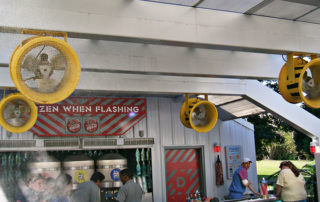 High velocity cooling fan yoke mount in theme park
