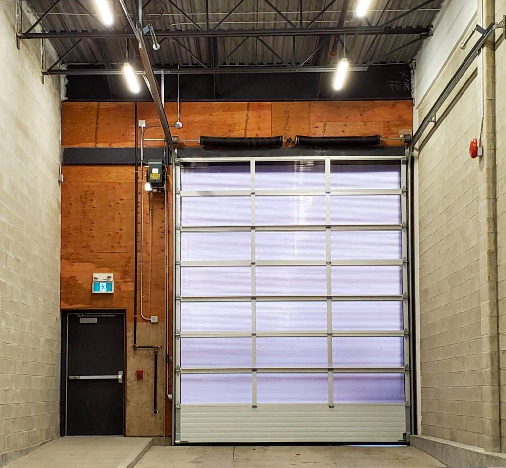 polycarbonate door at shopping mall from inside