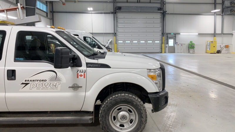 brantford power trucks inside with overhead door and air curtain in back