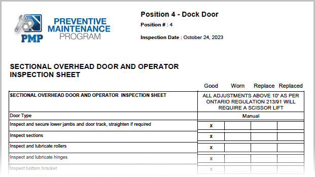 PMP Report Sample Overhead Door Inspection Sheet preventive preventative maintenance sectional operator