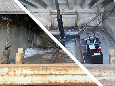 Before After hydraulic conversion kit loading dock leveler plate pit Carstairs Alberta warehouse