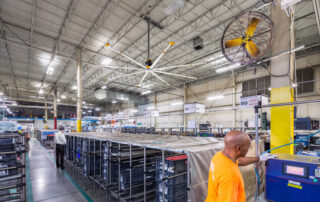 BAF Big Ass Fans directional fan AirEye HVLS fan mounted in manufacturing plant